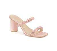 Guayonng Womens Chunky Heeled Sandals Pearl Strappy Open Square Toe Slip-on Block Heels Backless Mules Shoes, Pink, 6 UK