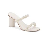 Guayonng Womens Chunky Heeled Sandals Pearl Strappy Open Square Toe Slip-on Block Heels Backless Mules Shoes, White, 4 UK
