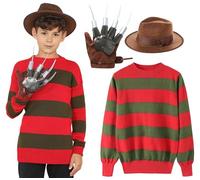 GUBA Freddy Krueger Costume Kids, Red/Green Stripe Jumper + Hand Claw + Explorer Hat, Hightmare On Elm Street Scary Halloween Costume For Boys UK 7-8 Years