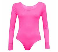 GUBA New Womens Plain Long Sleeve Bodysuit Ladies Basic Scoop Neck High Stretch Leotard Top Soft Shapewear Thong Ballet Dance Gymnastics Body Hugging Jumpsuit Size UK 8-14 Neon Pink