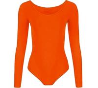 GUBA New Womens Plain Long Sleeve Bodysuit Ladies Basic Scoop Neck High Stretch Leotard Top Soft Shapewear Thong Ballet Dance Gymnastics Body Hugging Jumpsuit Size UK 8-14 Neon Orange