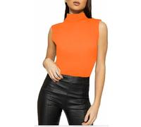 GUBA Womens Sleeveless Plain Polo Roll Neck Top, Womens Turtle High Neckline Vest Stretch Summer T-Shirt Top UK S-3XL (S/M, Orange)