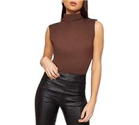GUBA Womens Sleeveless Plain Polo Roll Neck Top, Womens Turtle High Neckline Vest Stretch Summer T-Shirt Top UK S-3XL (XXL, Brown)