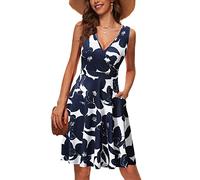 GUBERRY Women's Navy Dress Deep V Neck Wrap Floral Sleeveless Summer Midi Sundress Medium Navy Floral