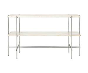 GUBI - TS Console Side Table 120x30x72 cm, Polished Steel / Neutral white Travertine - White