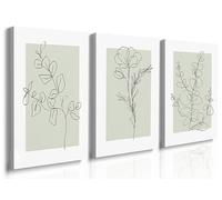 GUBIYU Boho Sage Green Neutral Botanical Wall Art Set of 3,Farmhouse Plant Wall Decor Leaf Flower Line Canvas Wall Art,Minimalist Green Boho Theme Art Botanical Floral Print Paintings Framed 16"x24"