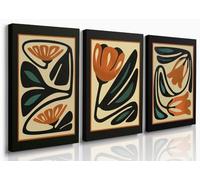 GUBIYU Burnt Orange Boho Mid Century Modern Floral Print Wall Art for Bedroom Orange Teal Botanical Art Abstract Retro Flower Poster Pictures Wall Decor for Living Room Home Office Black Beige 16"x24"