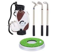 Gucagle Golf Pen Set Premium Desktop Golf Bag with Mini Golf Bag Stand Golf Pen Gift Set for Golf Lovers Office Decor Zinc Alloy PU Leather Plastic 13.8x8.5x5cm 3 Pens (Brown White)