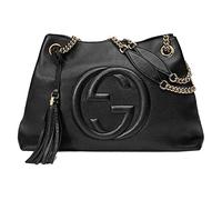 Gucci Soho Medium Black Double Leather Chain Shoulder Bag Tote Black Gold New