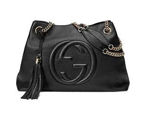 Gucci Soho Medium Black Double Leather Chain Shoulder Bag Tote Black Gold New