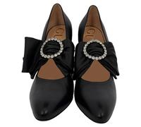Gucci Women's Preloved Bow-Detail Crystal-Embellished Elaisa Pumps in Black Leather | Size: 6