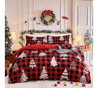 Guchuang Bedding Red Christmas Duvet Cover Set King Size Grid Checkered Bedding Set Ultra Soft Microfiber Christmas Trees Printed Quilt Cover 220x230cm with 2 Pillowcases