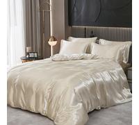 Guchuang Bedding Silk Satin Complete Bedding Set 6 Pieces Beige Double Size Duvet Cover Luxury Shiny Ultra Soft Microfiber Quilt Cover 200x200cm with 1 Fitted Sheet, 4 Pillowcases