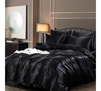 Guchuang Bedding Super King Silk Satin Complete Bedding Set 6 Pieces Black Duvet Cover Luxury Shiny Ultra Soft Microfiber Quilt Cover 260x220cm with 1 Fitted Sheet, 4 Pillowcases