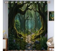 GUCSMN Fairy Tale Curtain Eyelet Soft Thermal Insulated Blackout Curtains, Fantasy Forest Path Print Pattern Ring Top Drapes for Bedroom Living Room W 52" x L 90" Drop 2 Panels