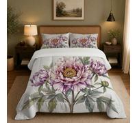 GUCSMN Peony Flower Bud Coverless Duvet Single Quilt Comforter | Hand-Painted Flowers Reversible Comforter Set 2 Pcs, 1 Pillowcase, Bedroom Decor, Soft Lightweight Warm All Seasons