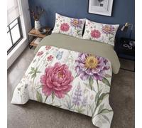 GUCSMN Watercolor Flowers Single Coverless Duvet & Pillowcase Set | Peony Delphinium Design, Reversible Microfibre Comforter, Soft All-Season Quilt, Machine Washable, No Cover Needed