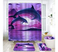 GUDAGUU 4 Pcs Dolphin Shower Curtains Bathroom Sets,Dolphins Jumping Sunset Ocean Bathtub Decor with Bath Rugs U Shape Mat Toilet Seat Cover and Hooks, 71 Inch Size Marine Life Sea Theme (Purple)