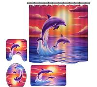 GUDAGUU 4 Piece Dolphin Shower Curtain for Bathroom Sets,Dolphins Jump on The Ocean Bathtub Decor with Bath Rugs Mat Toilet Seat Cover and Hooks, 71 Inch Size Long Sea Sunset Landscape (Sunset)