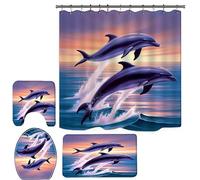 GUDAGUU 4 Piece Dolphin Shower Curtain for Bathroom Sets,Dolphins Jump on The Ocean Bathtub Decor with Bath Rugs Mat Toilet Seat Cover and Hooks, 71 Inch Size Long Sea Sunset Landscape (Navy Blue)
