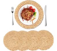 GUDAGUU Round Woven Placemats- Natural Water Hyacinth Weave Place Mat Set of 6,Braided Straw Table Mats for Dining Tables (4, 13.8" 35cm)