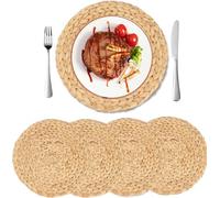 GUDAGUU Round Woven Placemats- Natural Water Hyacinth Weave Place Mat Set of 6,Braided Straw Table Mats for Dining Tables (4, 11.8" 30cm)