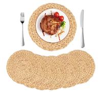 GUDAGUU Round Woven Placemats- Natural Water Hyacinth Weave Place Mat Set of 6,Braided Straw Table Mats for Dining Tables (6, 9.87" 25cm)