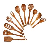 GUDAMAYE 11 PCE Wooden Spoons for Cooking, Wooden Kitchen Utensils Set,Wooden Cooking Utensils,Natural Teak Wooden Spoons For Non-stick Pan