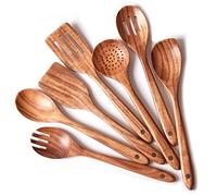 Gudamaye 13 inch Long Wooden Utensils for Cooking, Long Handle Wooden Spoons for Cooking, 7 PCES Crafting Wooden Spoon Set, Wooden Kitchen Utensil set, Natural Teak Wooden utensil Set