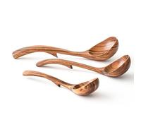 Gudamaye 3 Pcs Wooden Soup Ladles Set,3 Hooks for Bowl,Natural Teak Wooden Ladle,10.6 inch Big Soup Ladle, 9 inch Serving Spoon & 8 inch Wood Ladles for Cooking,Deep Ladle Spoons