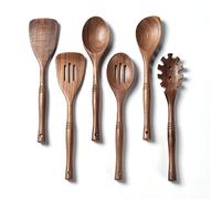Gudamaye 6PC Rustic Black Walnut Wooden Cooking Utensils Set, Long Handle Wooden Spoons for Cooking, 12 Inch, Non-Toxic, Eco-Friendly, Suitable for Nonstick Pans