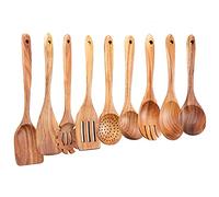 GUDAMAYE Wooden Kitchen Utensils Set, 9 PCE Natural Teak Wooden Spoons For Non-stick Pan for Cooking,