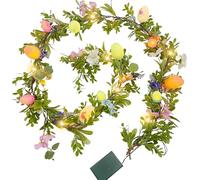 Gudegou 2PCS 6FT Easter Garland for Mantle, Spring Garland with Eggs Flowers, Lighted Faux Greenery with Timer for Summer Fireplace Outdoor Decorations