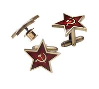 GuDeKe Red Star with Hammer Sickle Symbol Metal Lapel Pin and Cufflinks (Red, Brass, Unisex)
