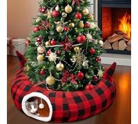 GUDELAK Cat Tunnel for under Christmas Tree, Cat Beds for Indoor Cats with Hanging Ball and Kitten Ears, Donut Cats Bed Cave with Christmas Tree Skirt Red and Black Plaid for Rabbit Winter Home Decor