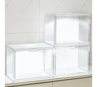 GUDEMAY Clear Stackable Plastic Storage Bins with Magnetic Lid (Transparent, Transparent with light-L-3 Pack)