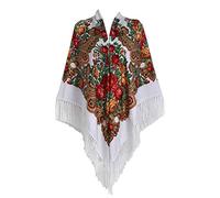 Gudessly 62"*62"Oversized Women's Traditional Retro Scarf Wrap Tassel Fringes Floral Poncho Shawl Printing Shawl, White, One Size