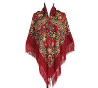 Gudessly 62"*62"Oversized Women's Traditional Retro Scarf Wrap Tassel Fringes Floral Poncho Shawl Printing Shawl, Wind Red, 62 * 62inch