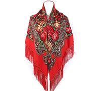 Gudessly Women's Traditional Scarf Wrap Tassel Shawl With Fringes - Retro Floral Printing Neck Head Poncho, Cerise, One Size