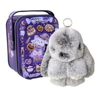 gudong Cute Bunny Lulu Keychain With Tin, Charm Bunny Keychain Fluffy With Box for Girl,Kids,Backpack,Purse,Handbags (Halloween-Medium gray lulu)