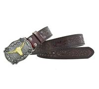 Gudoye Western Cow Head Cowboy Print Flower Retro Men Leather Belt (105cm, Coffee)