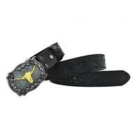 Gudoye Western Cow Head Cowboy Print Flower Retro Men Leather Belt (125cm, Black)