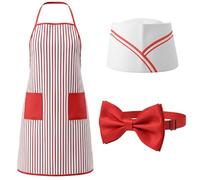 guduling 3 Pcs 1950s Waiter Costume, Soda Jerk Outfit for Adults - Red & White Striped Apron, 2-Pocket Chef Hat, Bow Tie for Retro Party, Diner Role Play