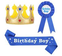 guduling 3 Pcs Birthday Boy sash for Men,Birthday King Sash,Blue with Gold Ring,Birthdays Sashs King Crown and Button Pin Blue Golden Rings Party Accessory Set for Party Supplies Favors