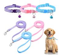 Guduling 3pcs Small Dog Collar And Leash Set With Bell, Puppy Dog Collar, Adjustable Puppy Collars and Leash, Paw Print Soft Collars for Puppys Small Dogs & Tiny Kitten (Purple, Pink, Blue)