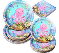 Gudvilla Under the Sea Party Decorations serve 25 Guests,Ocean Party Decorations Tableware Set for Sea Animal Theme Ocean Sea Life Fishing Birthday Party Supplies-Octopus Party Plates and Napkins