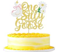 Gübsch Goose Theme Cake Decoration Glitter One Silly Goose Cake Topper Flower Cake Decoration for Birthday Party Cake Decoration White Gold