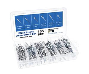 Gueenky 135Pcs Pop Rivets Assortment, 5/6/6.4 mm Blind Rivets Aluminum Pop Rivets Large Flange, 6 Sizes Dome Head Pop Rivets for Metal Wood Plastic