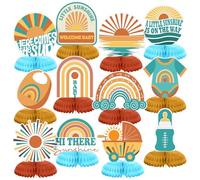 Gueevin 12 Pcs Here Comes the Son Honeycomb Centerpieces Set Here Comes the Son Baby Shower Decorations Boho Baby Shower Rainbow Sun Party Table Toppers Sunshine Table Decoration (Fresh Style)