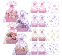 Gueevin 12 Sets Happy Mother's Day Empty Gift Baskets, 12 Cardboard Market Trays to Fill 12 Flowers Cellophane Bags 12 Pull Bows, DIY Gift Wrapping for Mother's Day Birthday Party
